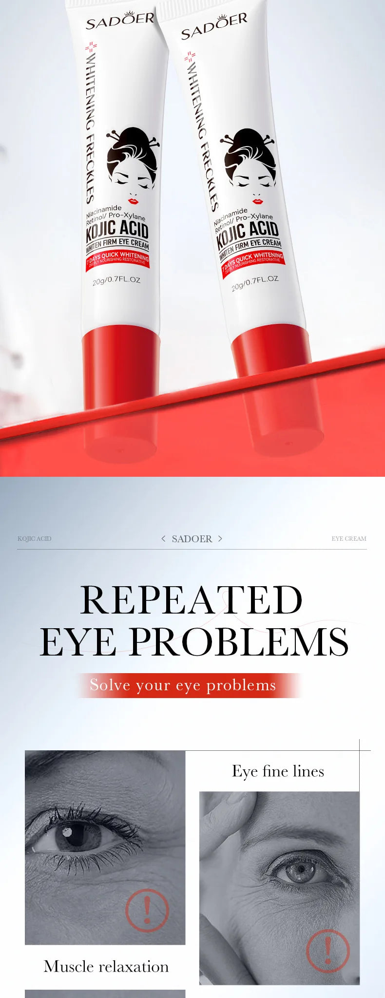 Creme para Olhos SADOER com Ácido Kójico e Retinol | Antiolheiras, Reduz Bolsas e Firma a Pele 💆♀️Creme para Olhos SADOER com Ácido Kójico e Retinol | Antiolheiras, Reduz Bolsas e Firma a Pele 💆♀️