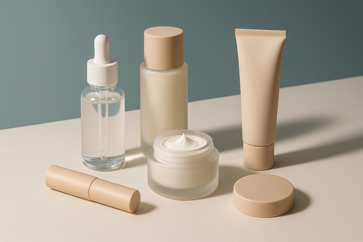 Produtos de beleza minimalistas em fundo elegante
Uma foto de frascos, cremes e maquiagens organizados com estética clean.
Fundo azul-petróleo, branco ou bege (harmoniza com a paleta do site).
Luz suave e sombras leves para passar qualidade premium.